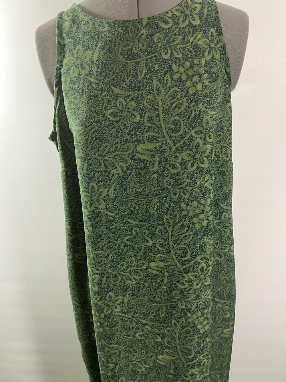 Green Maxi Dress All-over Botanical Pattern Red Floral Border At the Lower Hem